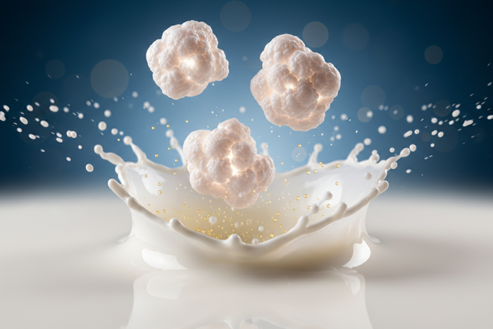 Professional high-speed macro photography, 8k. A cinematic close-up of fresh, cauliflower-shaped Kefir Grains (SCOBY) suspended in mid-air, dropping into a pool of pure white milk. As the grains hit the surface, a crown-shaped splash forms. The grains themselves are glowing faintly with a pearlescent, 